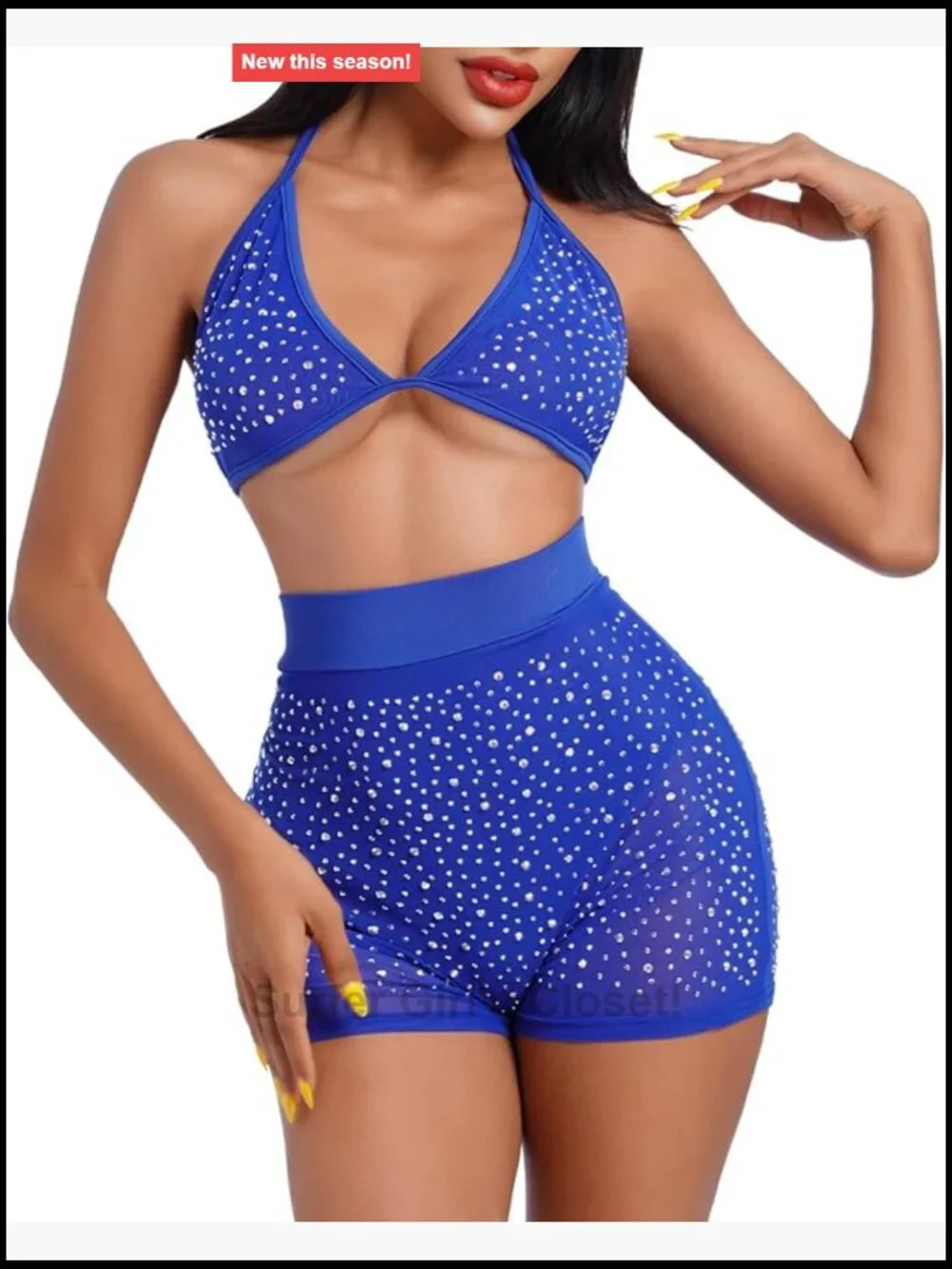 Sheer Rhinestone Mesh Halter Bikini Set High Waist Shorts Rave Festival Outfit